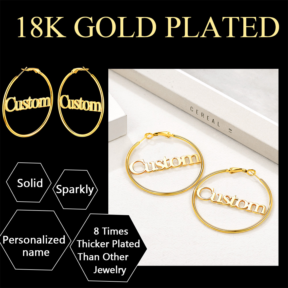 Personalized Name Lightweight Large Hoop Earrings 40/50/70mm 18k gold plated