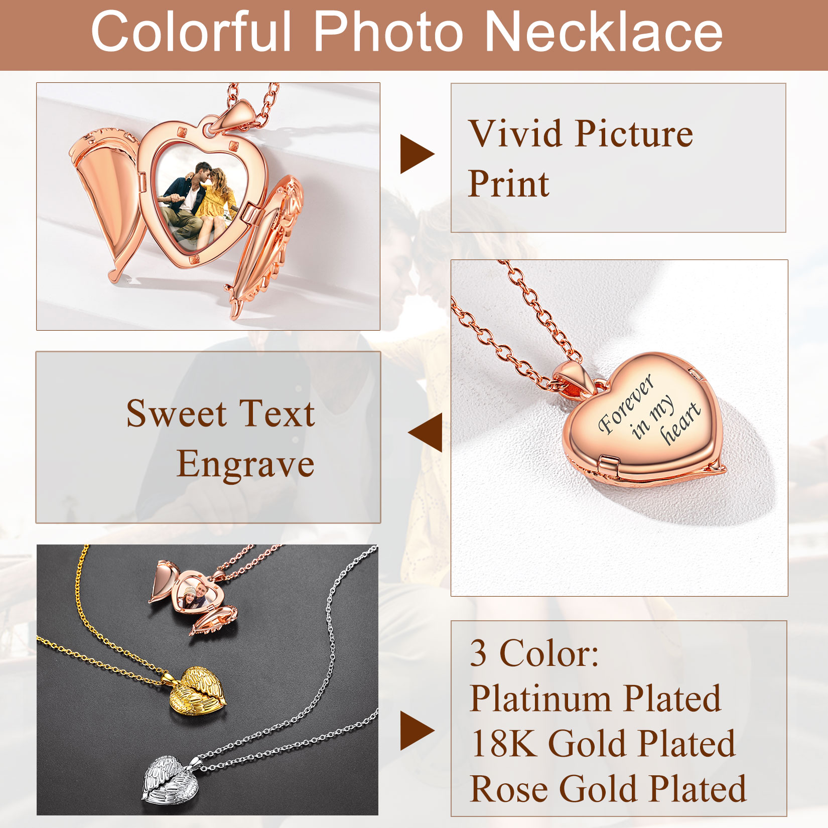 Personalized Heart Angel Wings Locket Necklace with Pictures