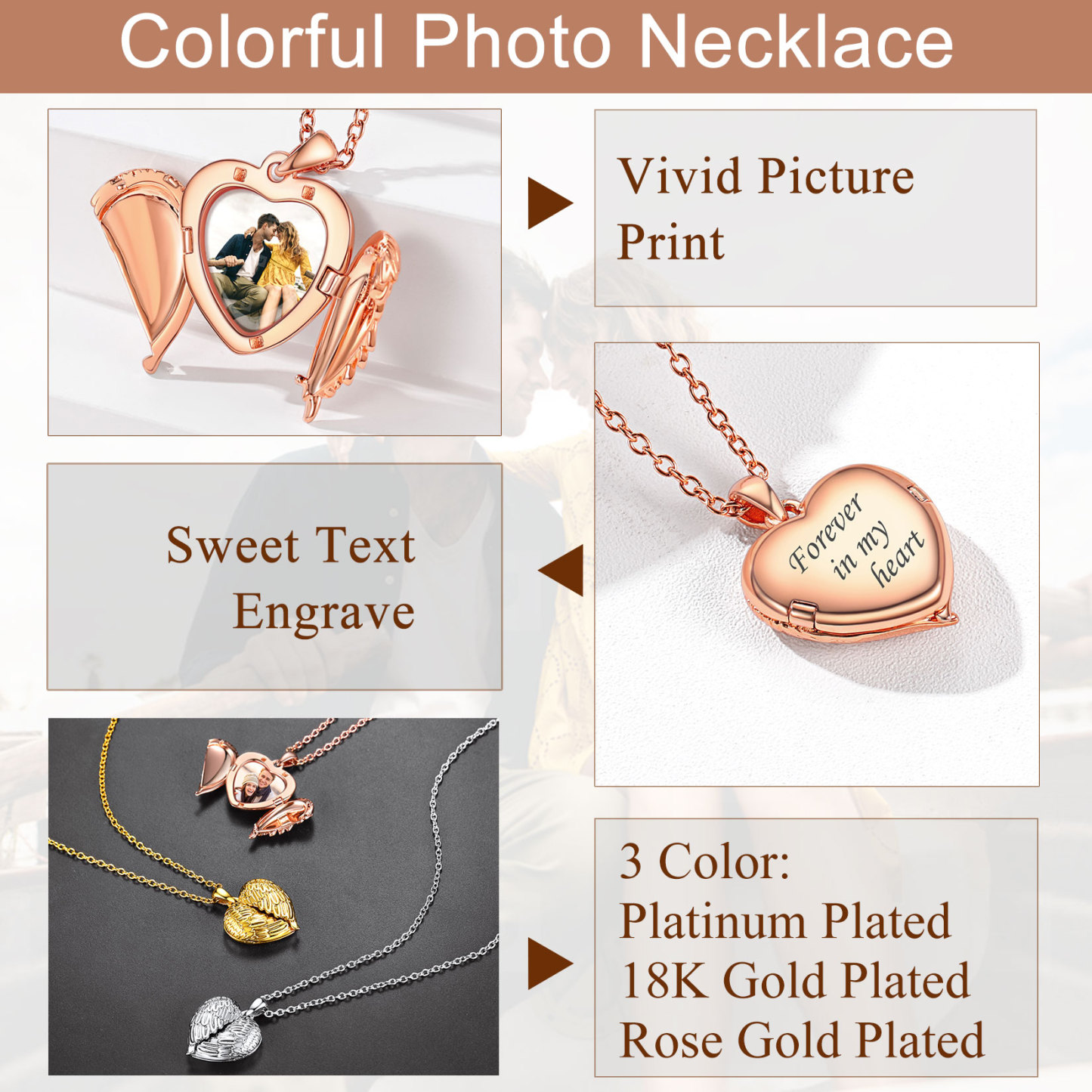 Personalized Heart Angel Wings Locket Necklace with Pictures