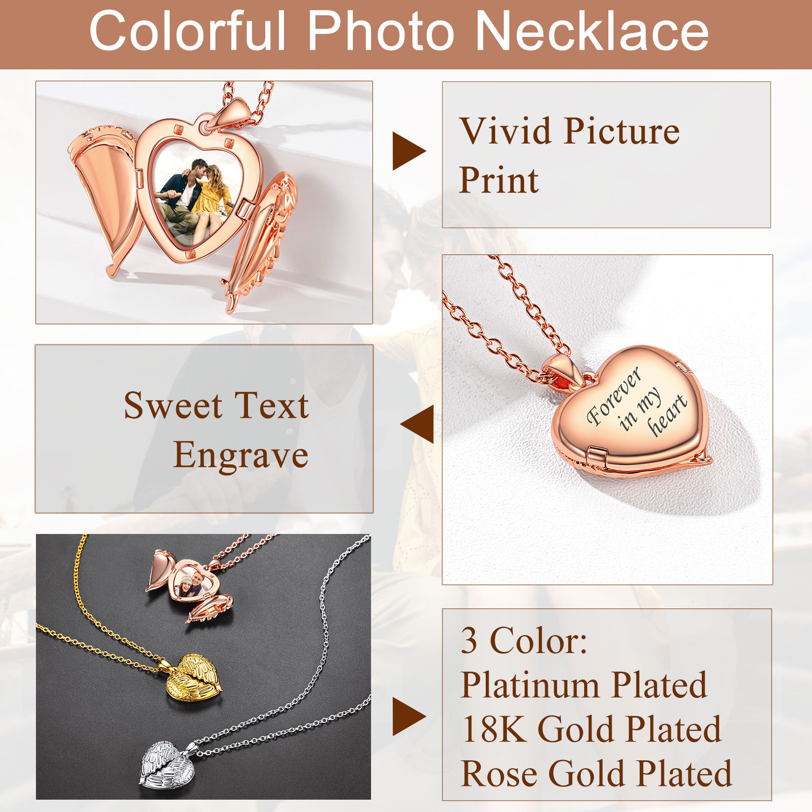 Personalized Heart Angel Wings Locket Necklace with Pictures