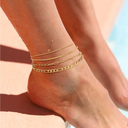 4-Piece Paperclip Figaro Cuban Rolo Anklet Set for Wife