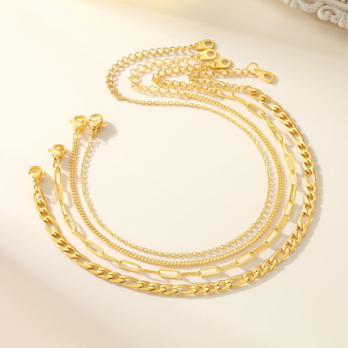 4-Piece Gold Paperclip Figaro Cuban Rolo Anklet Set for Women