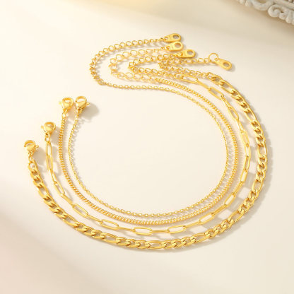 4-Piece Gold Paperclip Figaro Cuban Rolo Anklet Set for Women