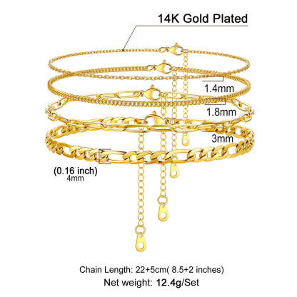 4-Piece Paperclip Figaro Cuban Rolo Anklet Set for Women Bday Gift