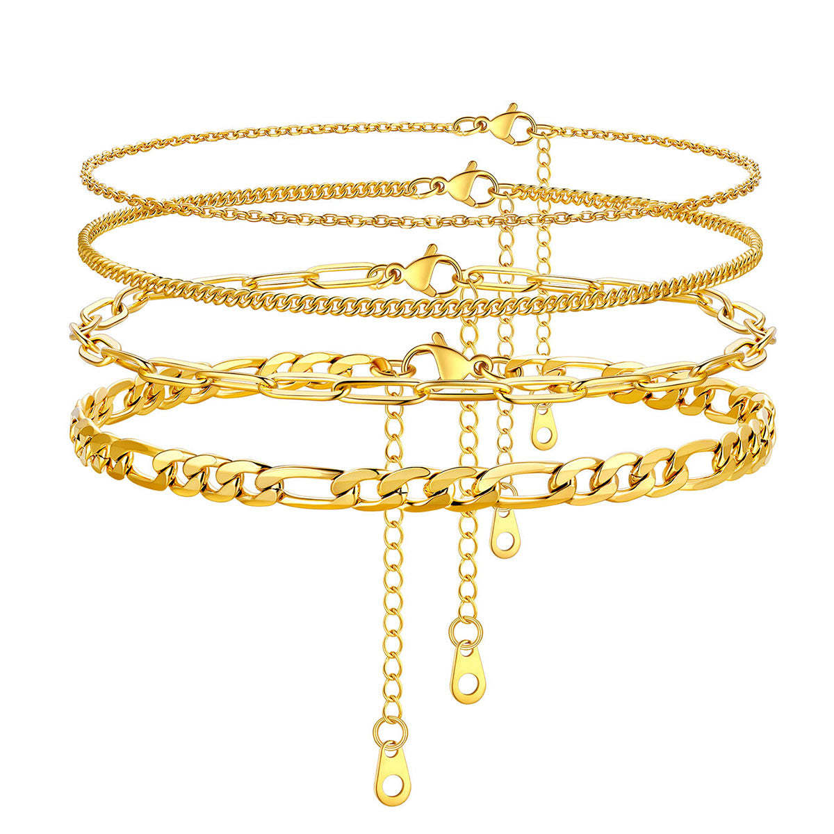 4-Piece Paperclip Figaro Cuban Rolo Anklet Set for Women