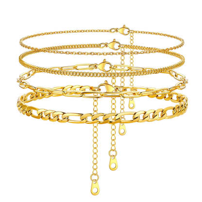 4-Piece Paperclip Figaro Cuban Rolo Anklet Set for Women
