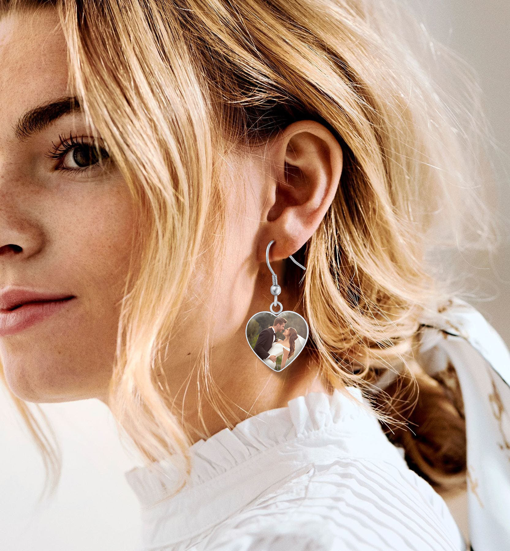 Personalized Photo Heart Dangle Earrings for Women model silver