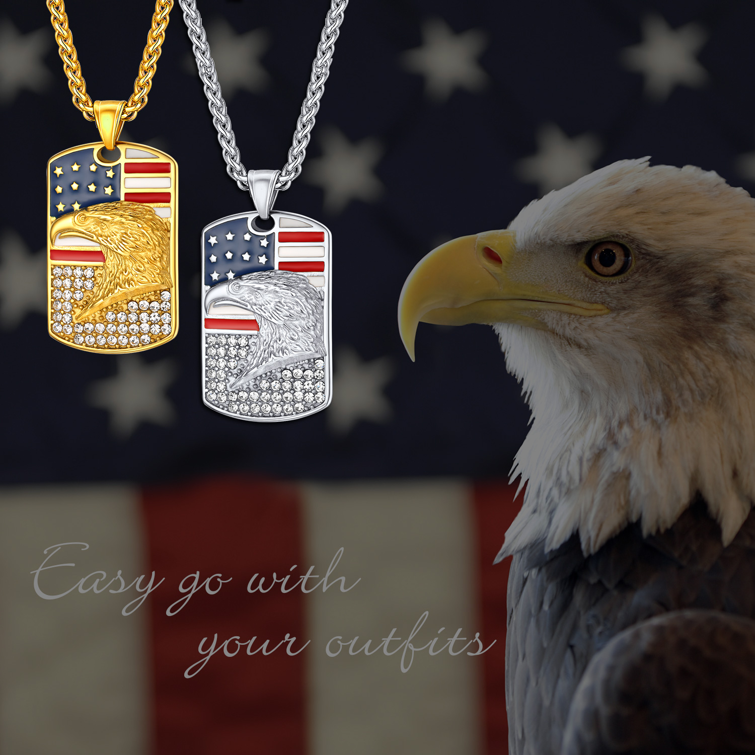 4th of July American Flag eagle Dog Tag Necklace 