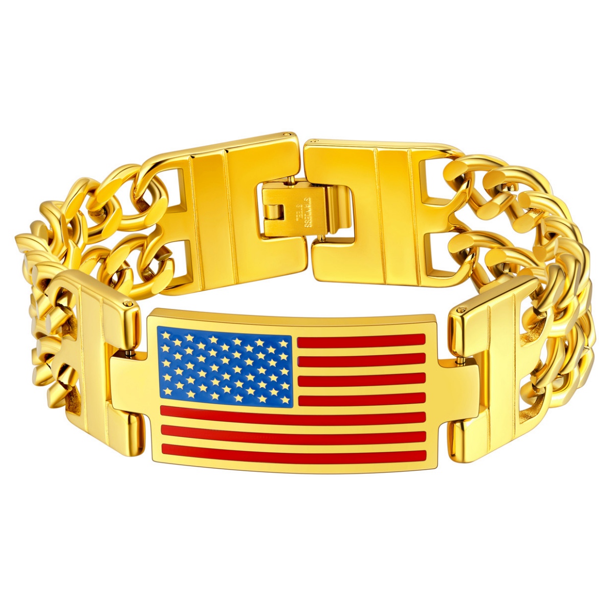 US Flag Cuban Link Chain Bracel gold