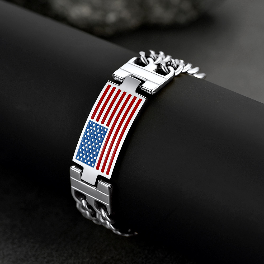 silver 4th of July Cuban Link Chain Bracelet for Men