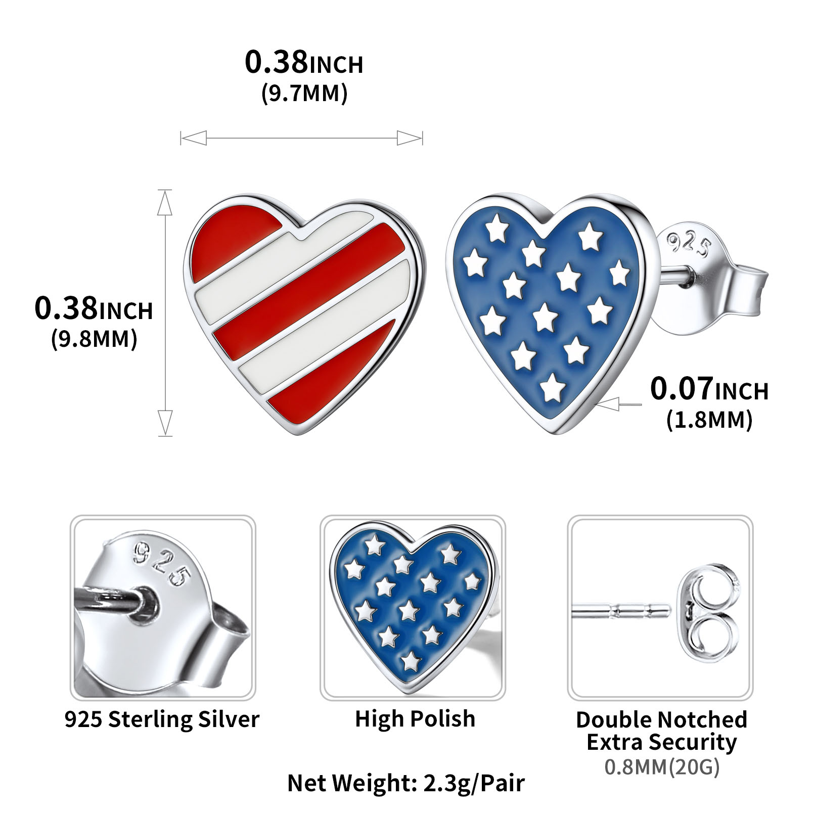 Sterling Silver 4th of July American Flag Stud Earrings detail