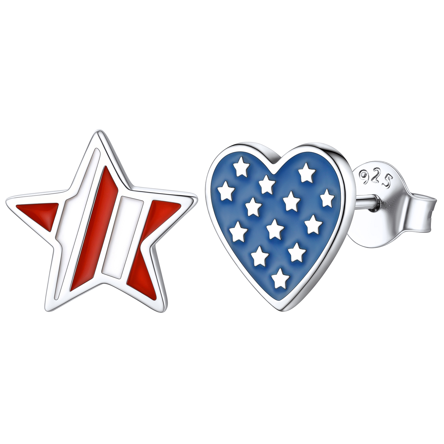 Sterling Silver 4th of July American Flag Earrings star and heart