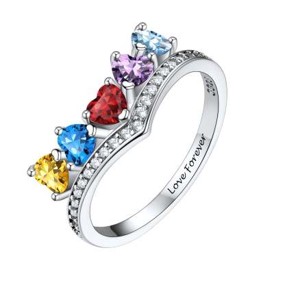 Custom Sterling Silver Heart 1-5 Birthstones Ring for Mom