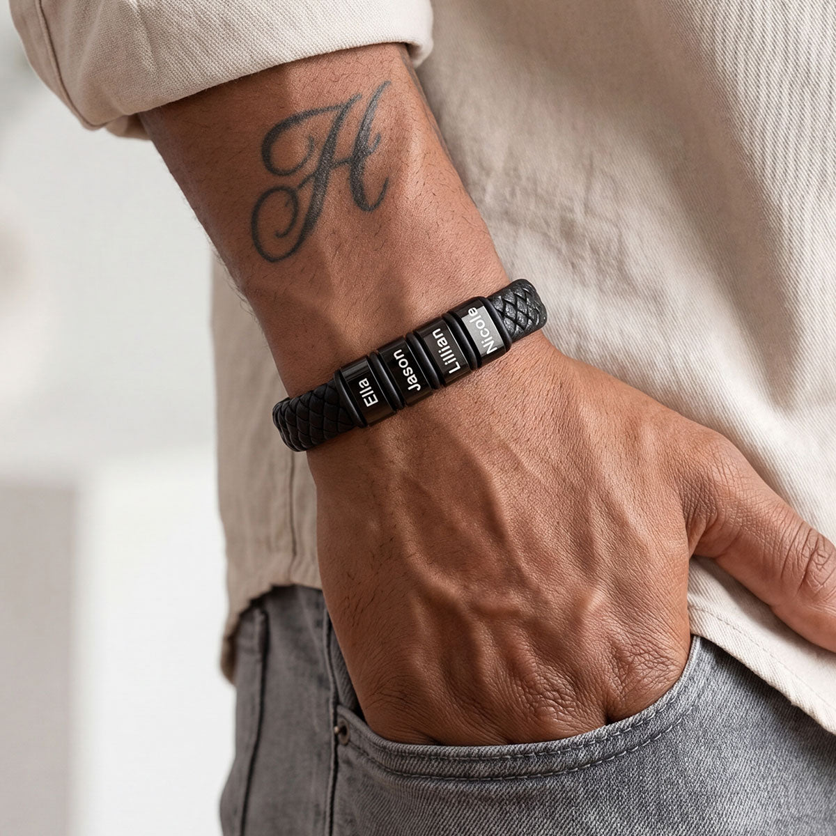 Personalized Leather Bracelet with Engraved Beads gift for dad