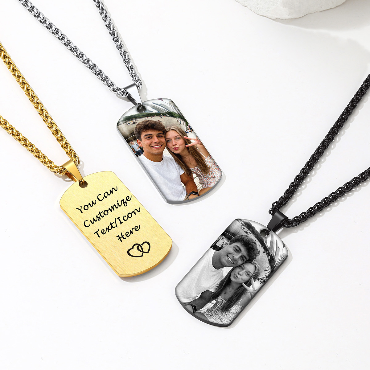 Custom Dog Tag Photo Necklace with Engraved Text 3 colors