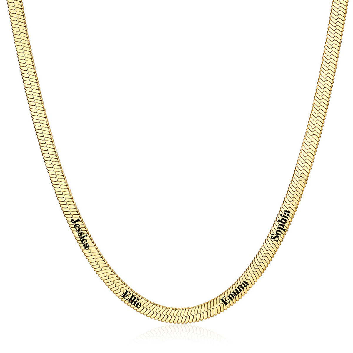Gold 5mm Custom Engraved 4 Names Herringbone Chain Necklace 