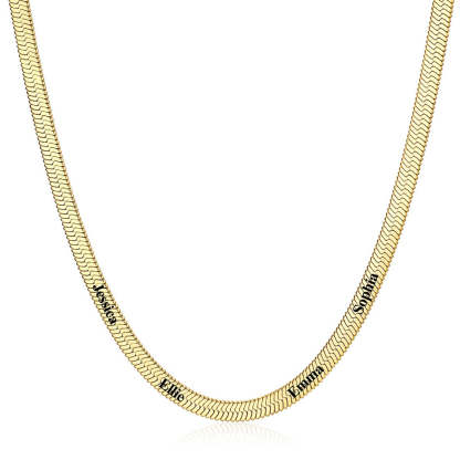 Gold 5mm Custom Engraved 4 Names Herringbone Chain Necklace 