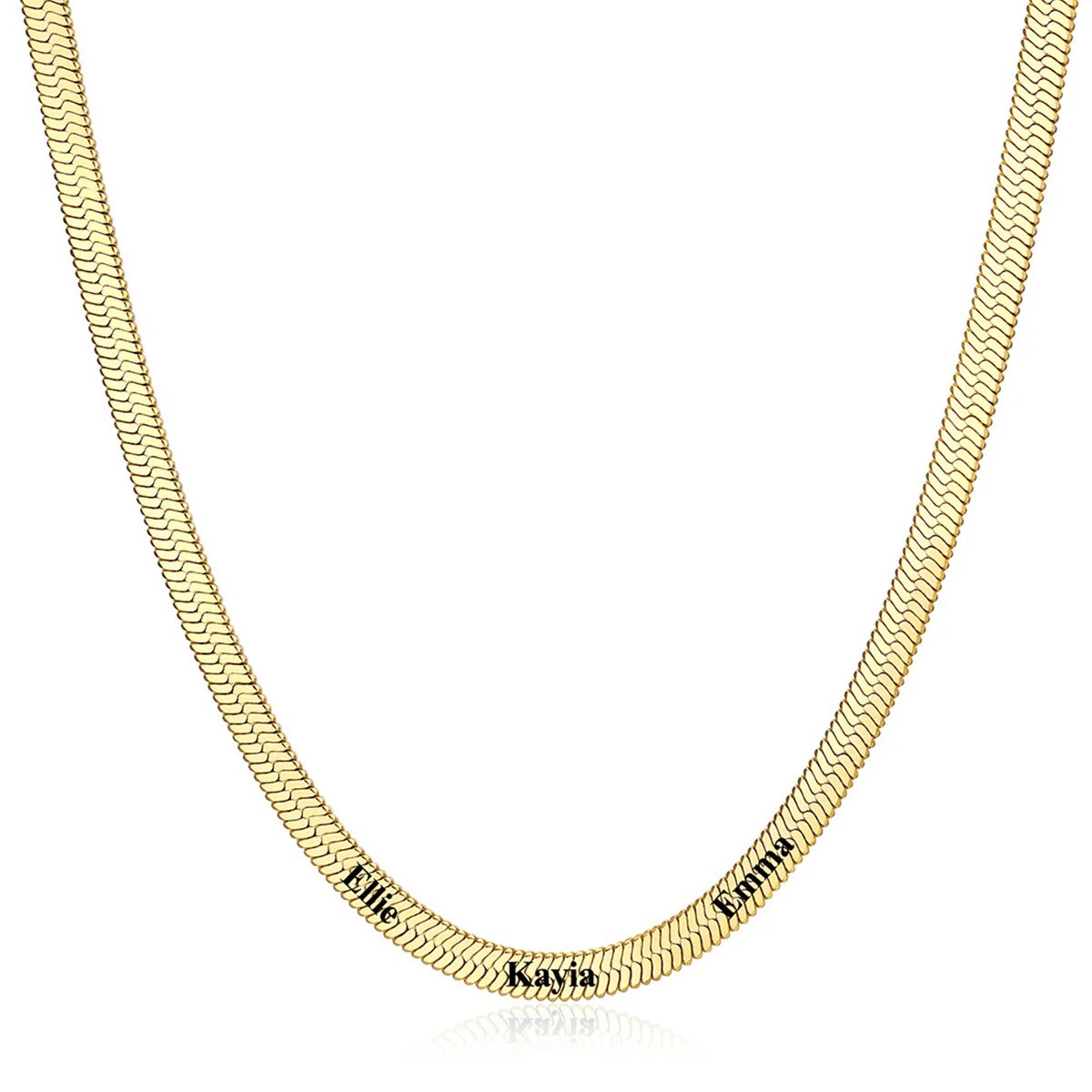 Gold 5mm Custom Engraved 3 Names Herringbone Chain Necklace 