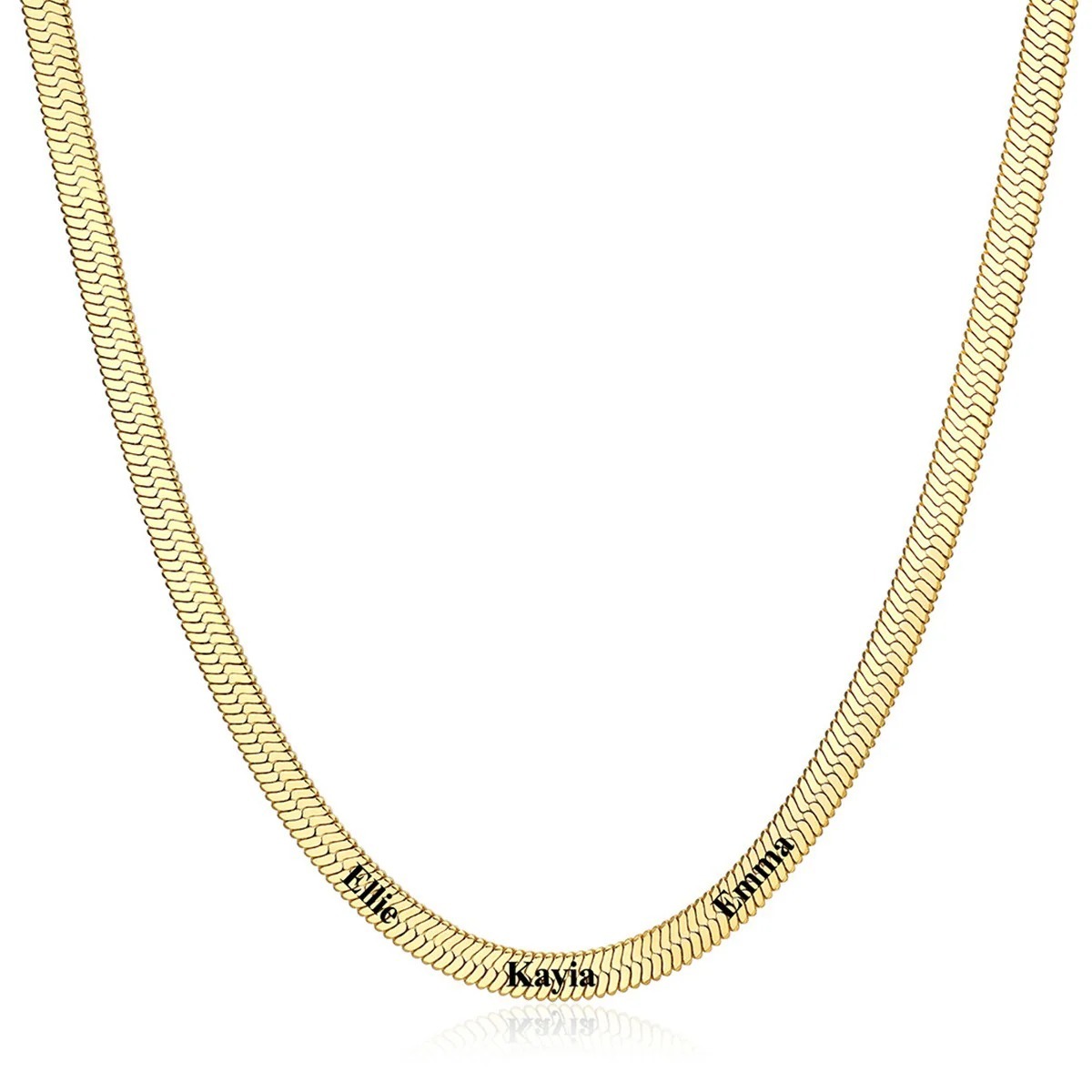Gold 5mm Custom Engraved 3 Names Herringbone Chain Necklace 