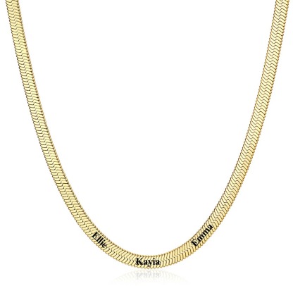 Gold 5mm Custom Engraved 3 Names Herringbone Chain Necklace 