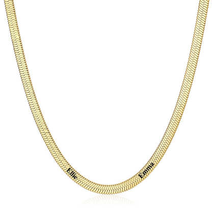 Gold 5mm Custom Engraved 2 Names Herringbone Chain Necklace 