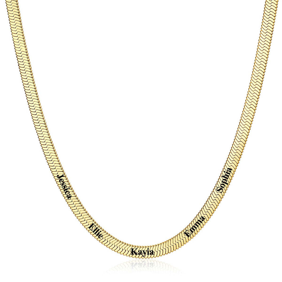 Gold 5mm Custom Engraved 5 Names Herringbone Chain Necklace 
