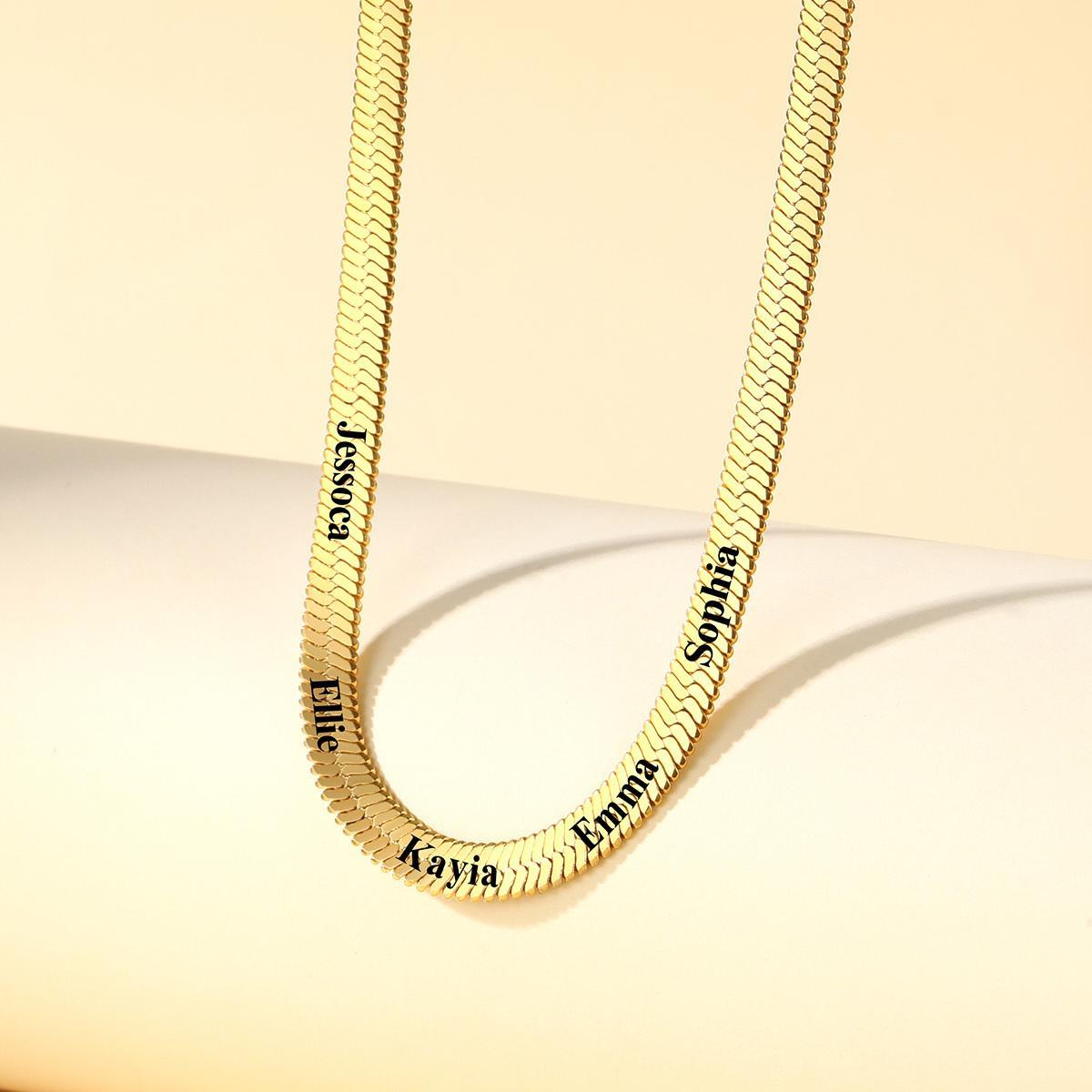 5mm Custom Engraved Multiple Names Herringbone Chain Necklace Gold
