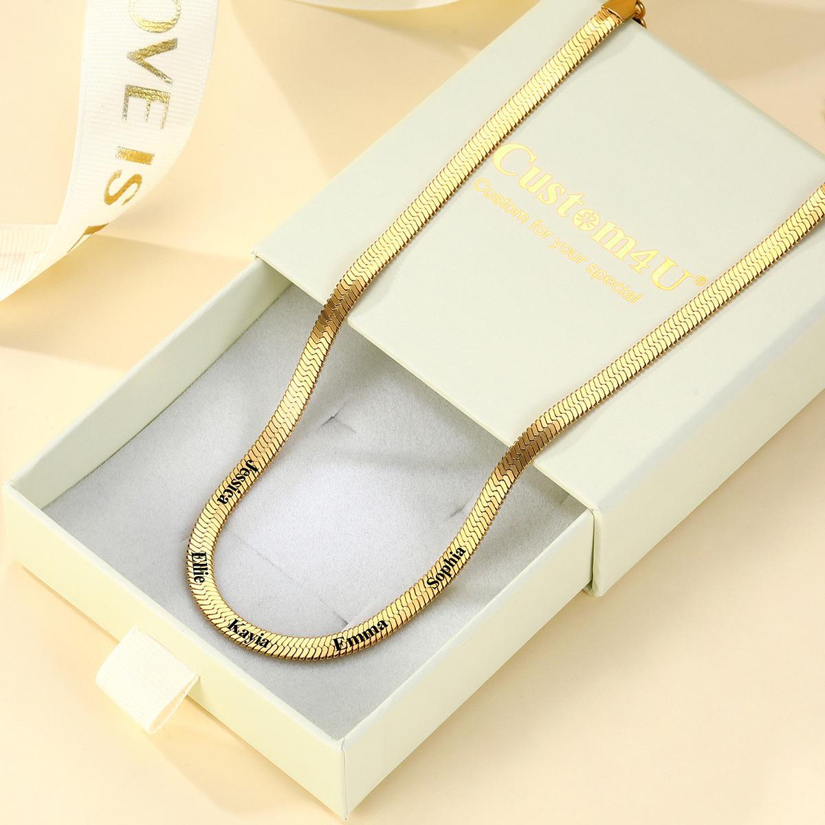 5mm Custom Engraved Multiple Names Herringbone Chain Necklace with Gift Box
