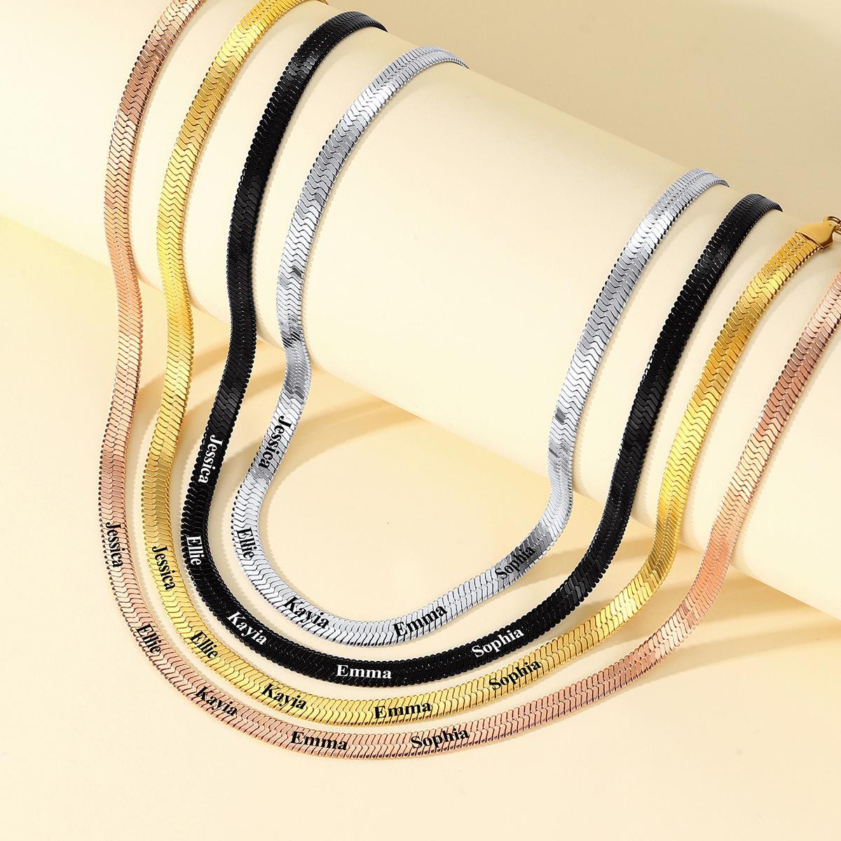 5mm Custom Engraved Multiple Names Herringbone Chain Necklace 4 Colors