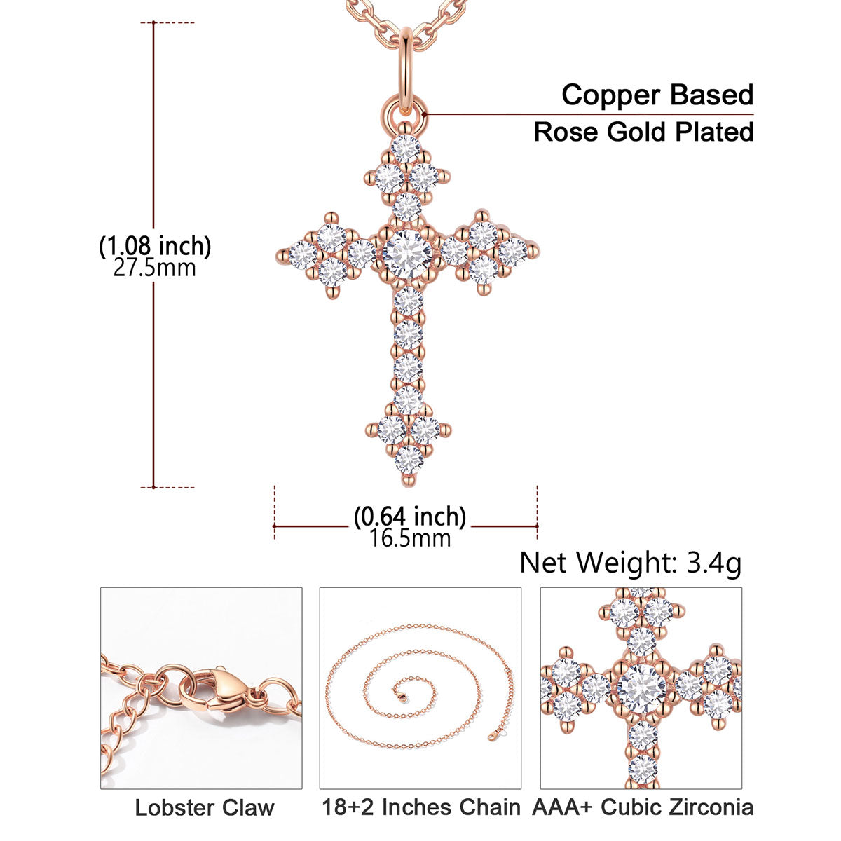 Cubic Zirconia Cross Necklace for Women