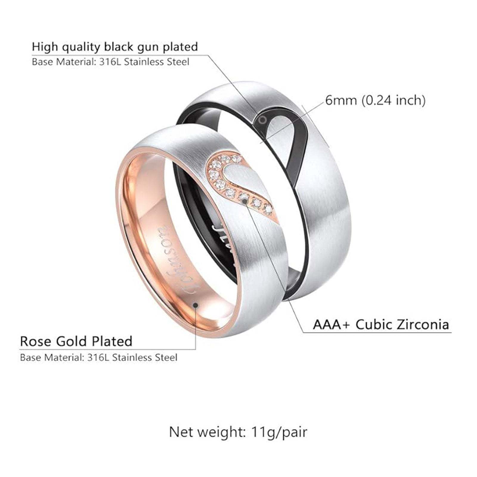 Personalized Name Heart Matching Promise Rings for Couple
