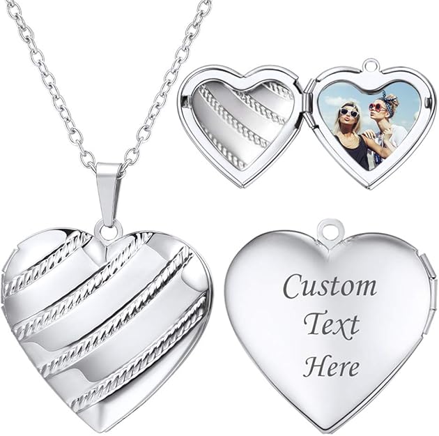 Personalized Photo Heart Locket Necklace for Women silver
