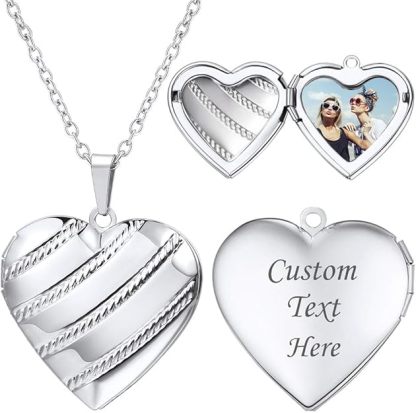 Personalized Photo Heart Locket Necklace for Women silver