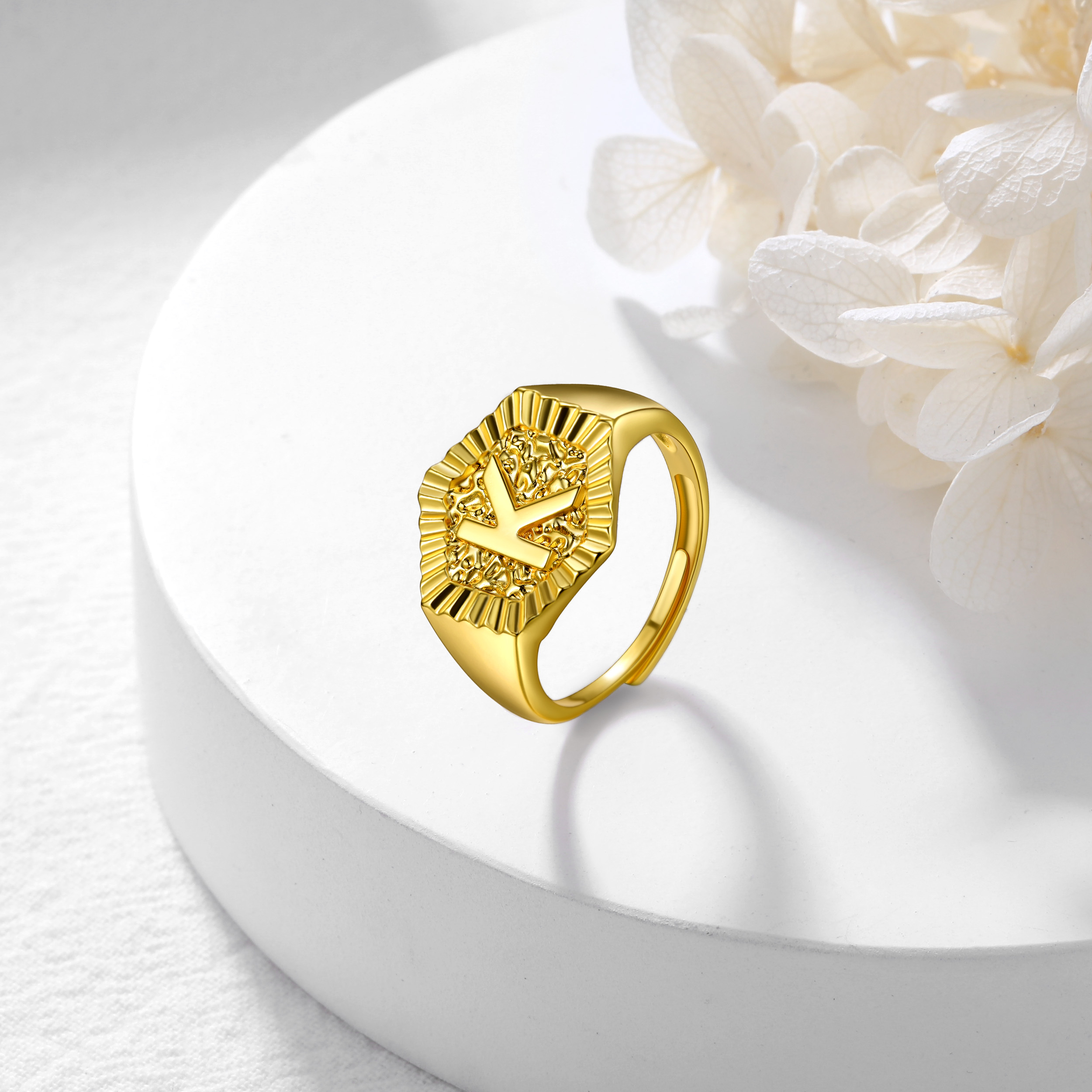 A-Z Letter Initial Ring 18K Gold Plated Statement Hexagon Jewelry