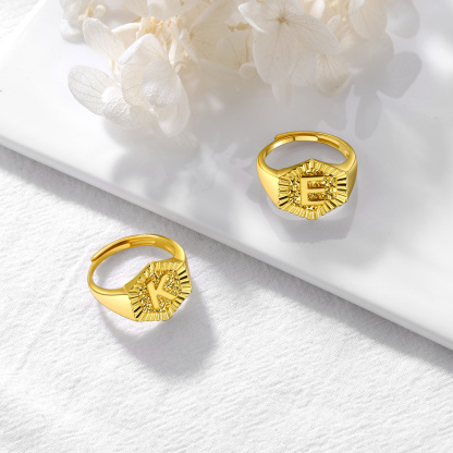A-Z Letter Initial Ring 18K Gold Plated Statement Hexagon Jewelry