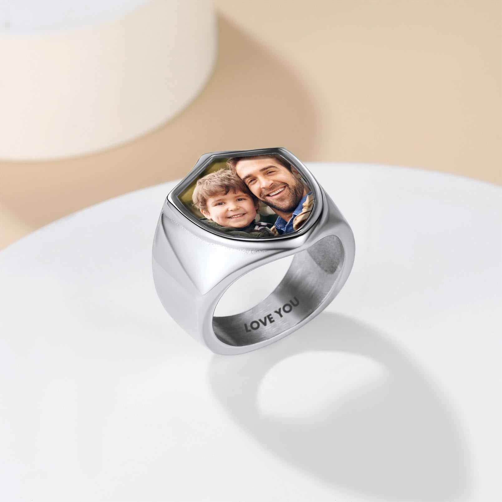 Customized Shield Photo Signet Ring with Name Engraving