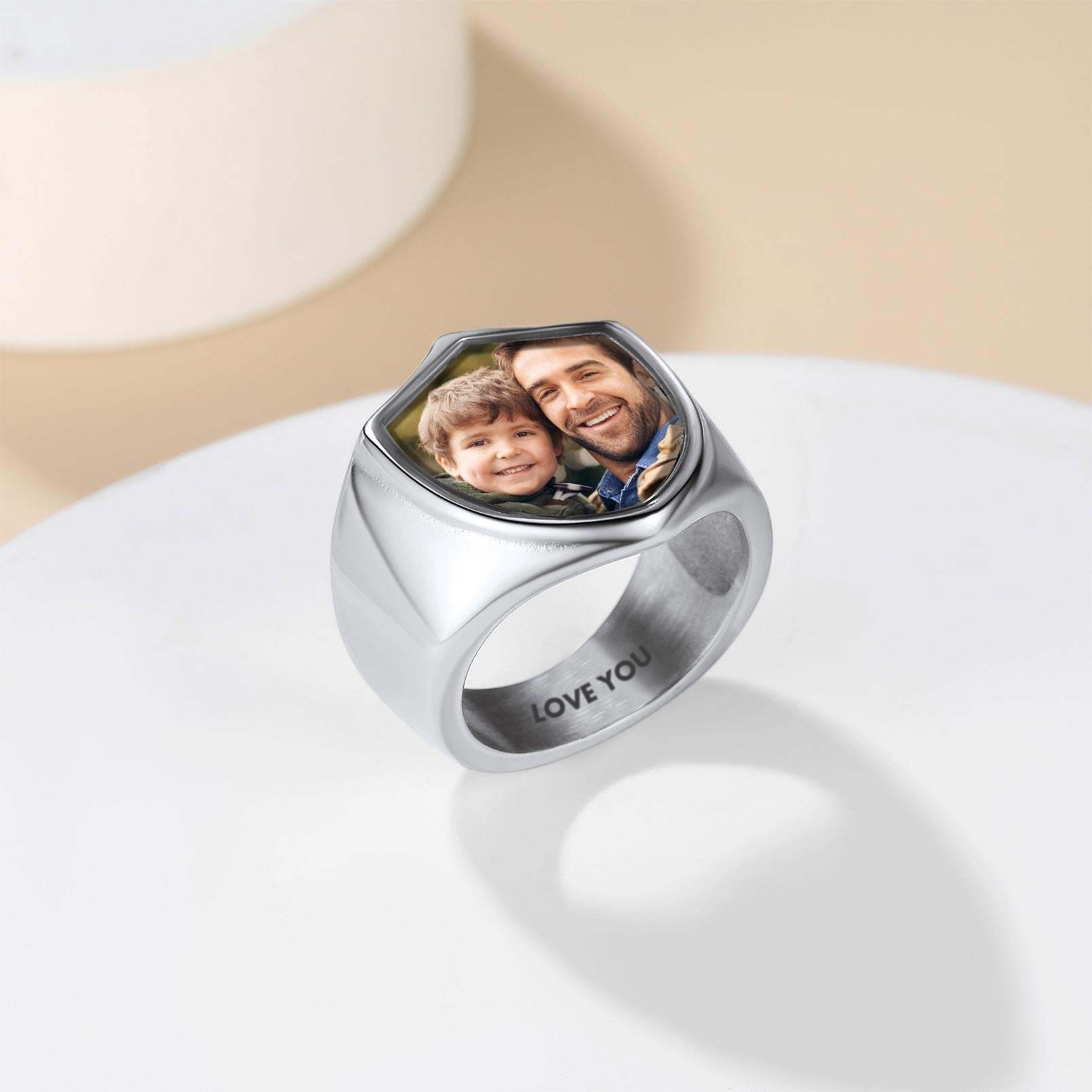 Customized Shield Photo Signet Ring with Name Engraving