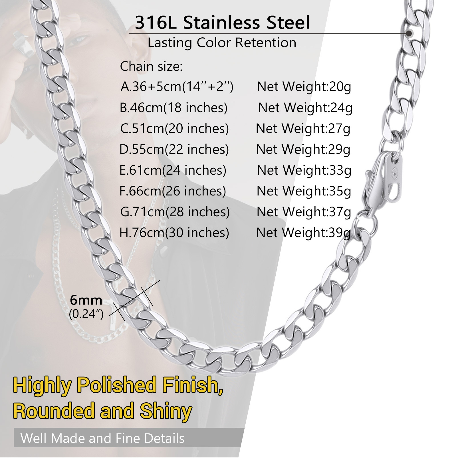 6mm Miami Cuban Chain Punk Necklace Size