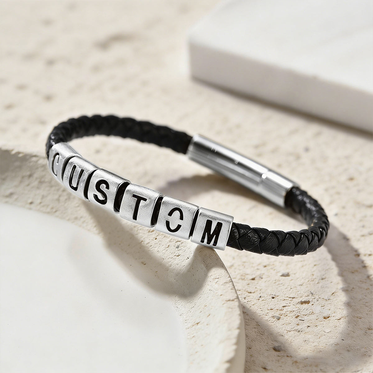 Personalized Leather Bracelet with Initial Beads Name Gift for Husband