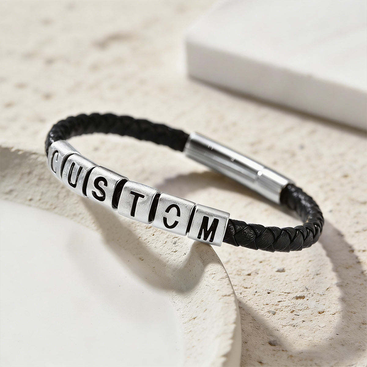 Personalized Leather Bracelet with Initial Beads Name Gift for Husband
