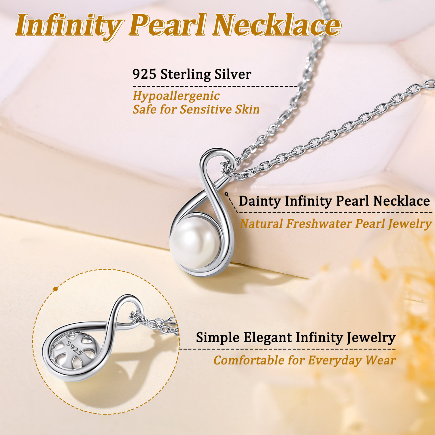 925 Sterling Silver Infinity Pearl Necklaces for Women 