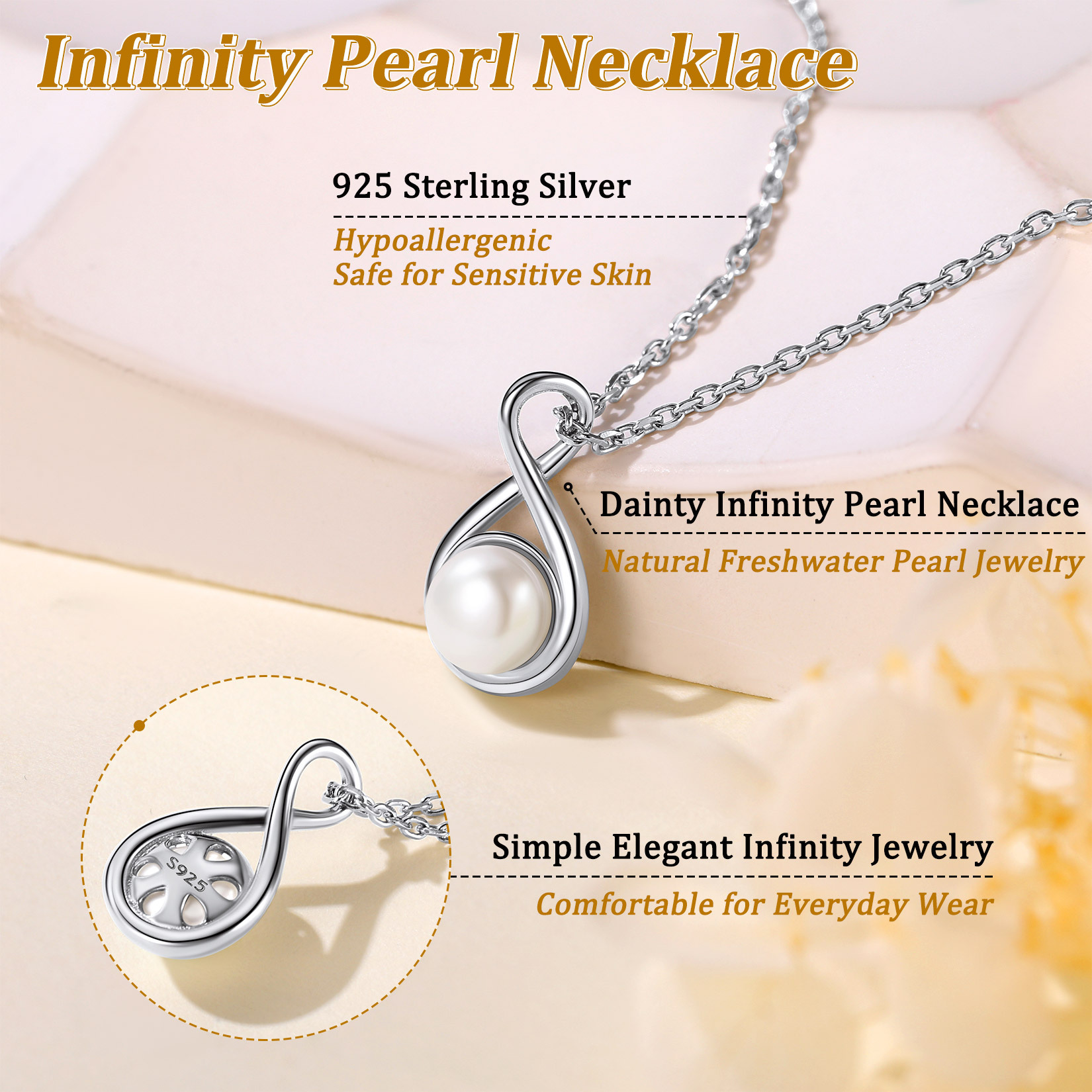 925 Sterling Silver Infinity Pearl Necklaces for Women 
