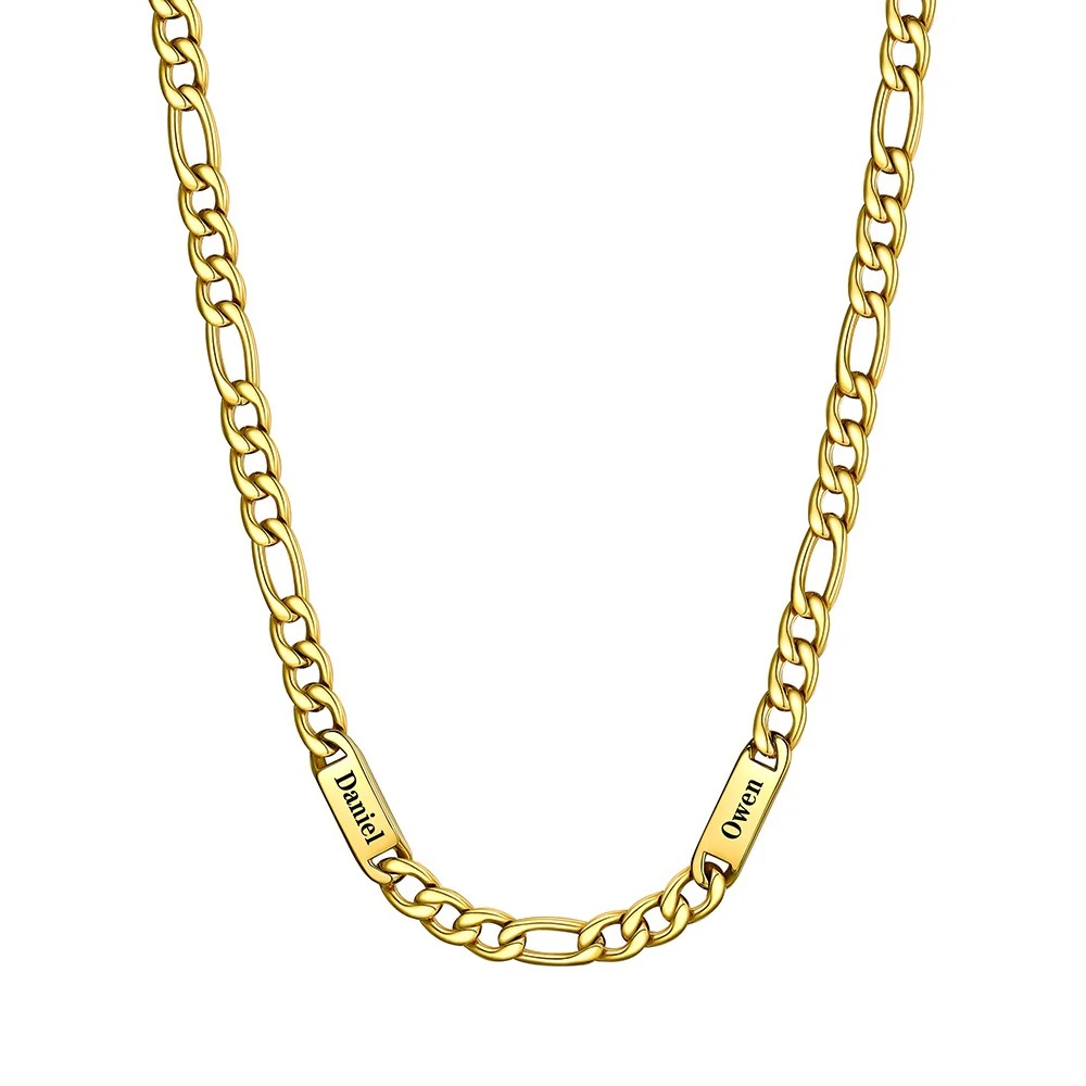 7mm 2 Names gold Multi Name Figaro Chain 