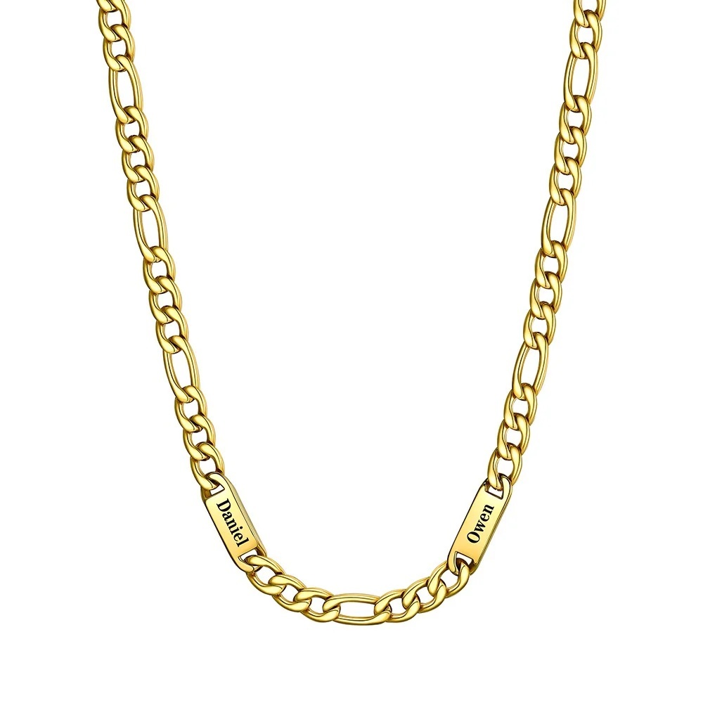 7mm 2 Names gold Multi Name Figaro Chain 