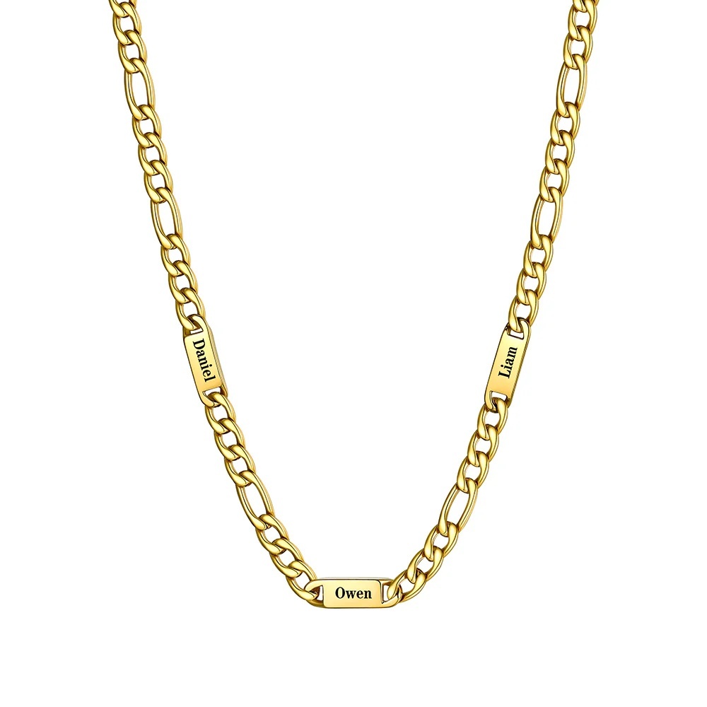 7mm 3 Names gold Multi Name Figaro Chain 