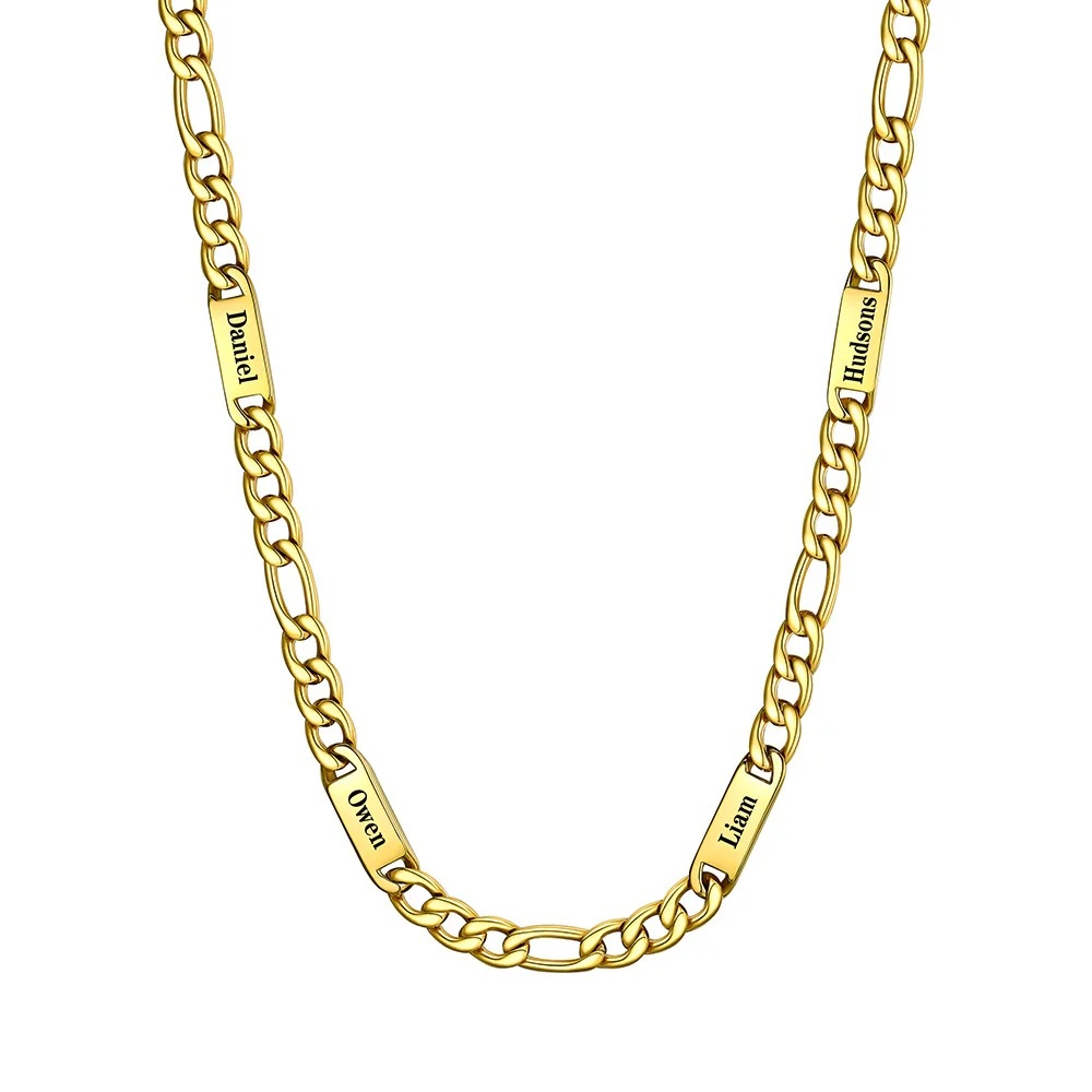 7mm 4 Names gold Multi Name Figaro Chain 