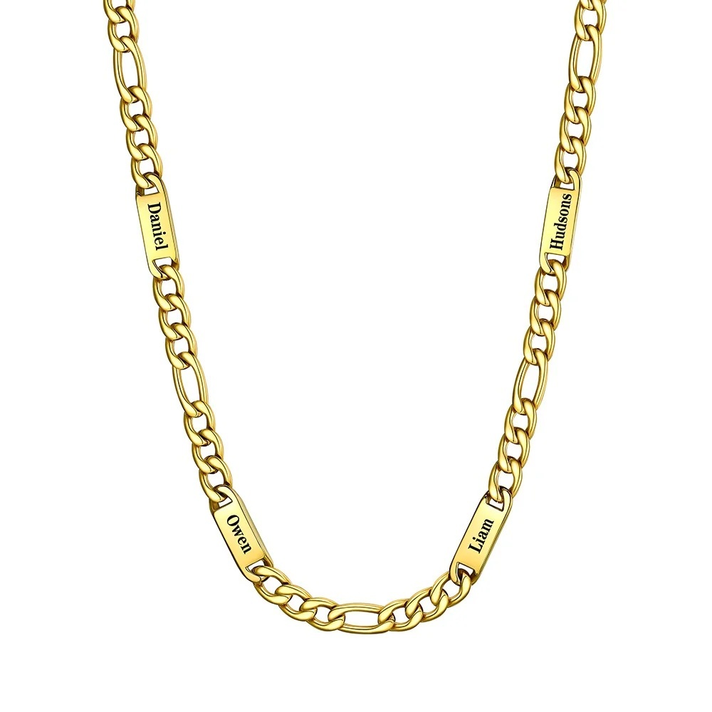 7mm 4 Names gold Multi Name Figaro Chain 