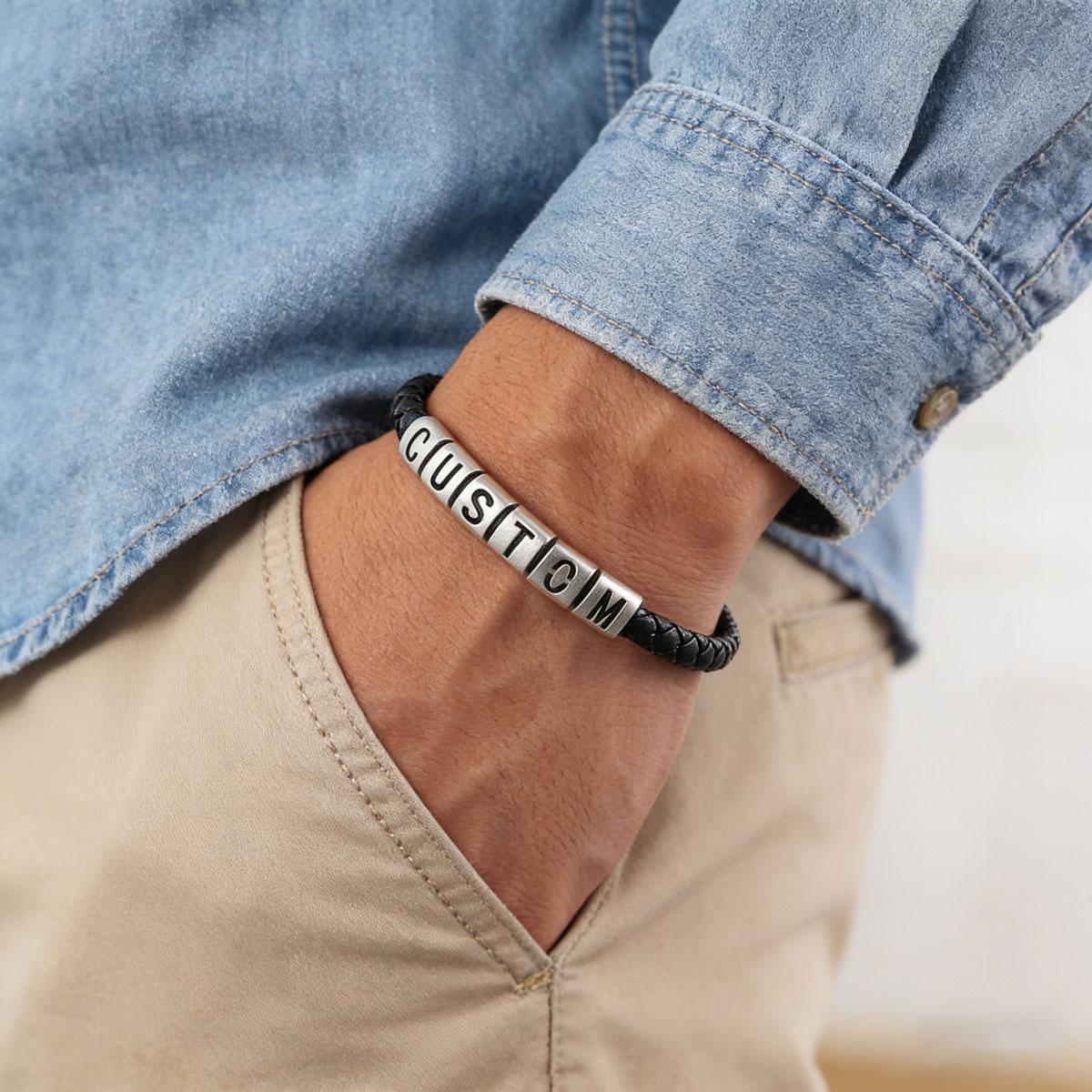 Personalized Leather Bracelet with Initial Beads Name for men