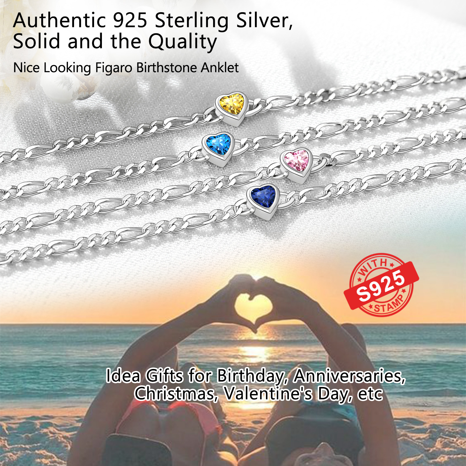 925 Sterling Silver Birthstone Adjustable Anklets gift For Women