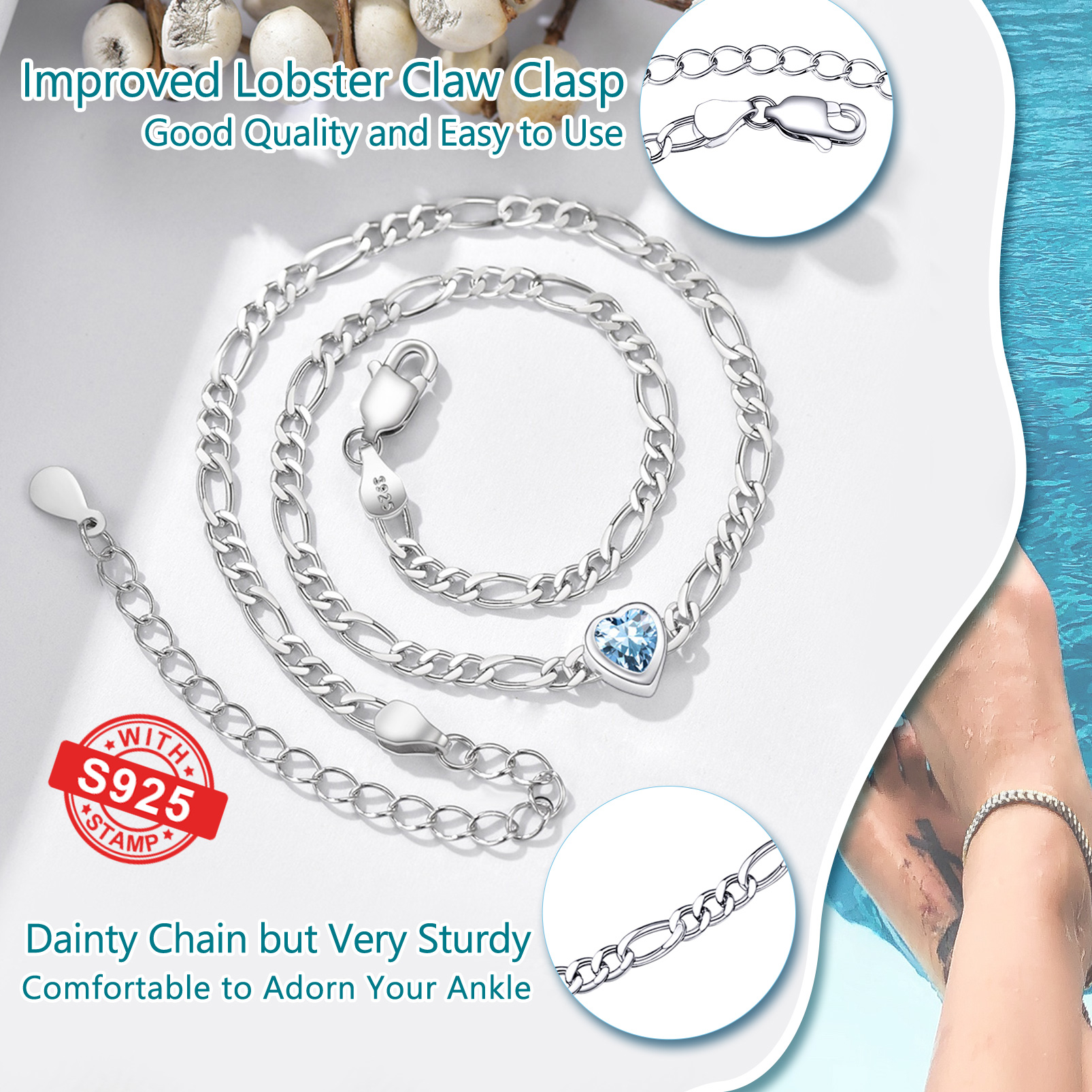 925 Sterling Silver Birthstone Adjustable ankle bracelet For Women